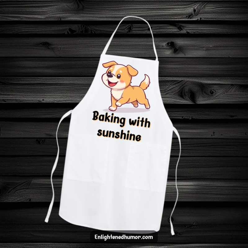 Funny dog apron for cooking, showing a happy dog chasing its shadow that is turning into bright light, humorous kitchen wear.