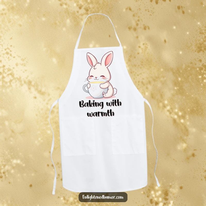 Funny apron featuring a contented bunny sipping from a gently glowing cup, perfect for kitchen warmth and style.
