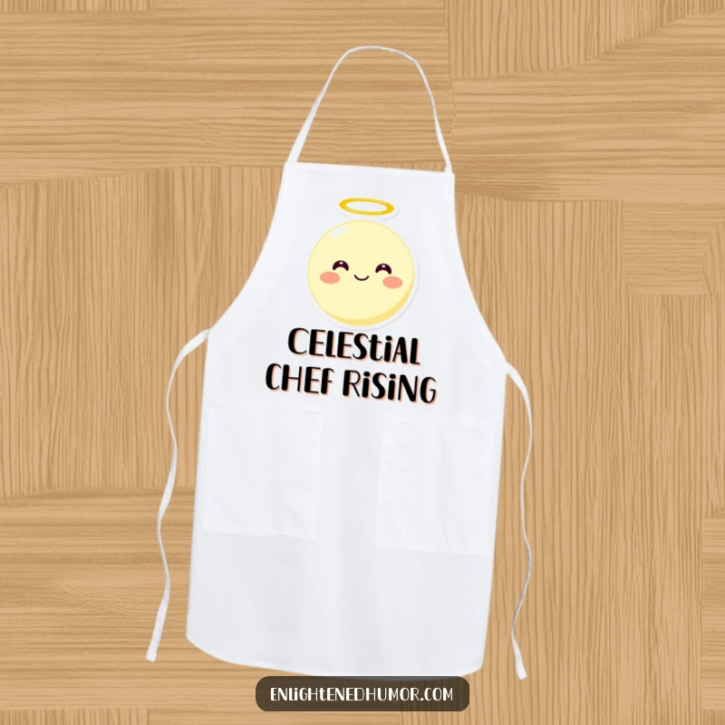 Funny smiling round moon character with a halo wearing an apron, floating upwards, a cute and practical funny kitchen accessory.