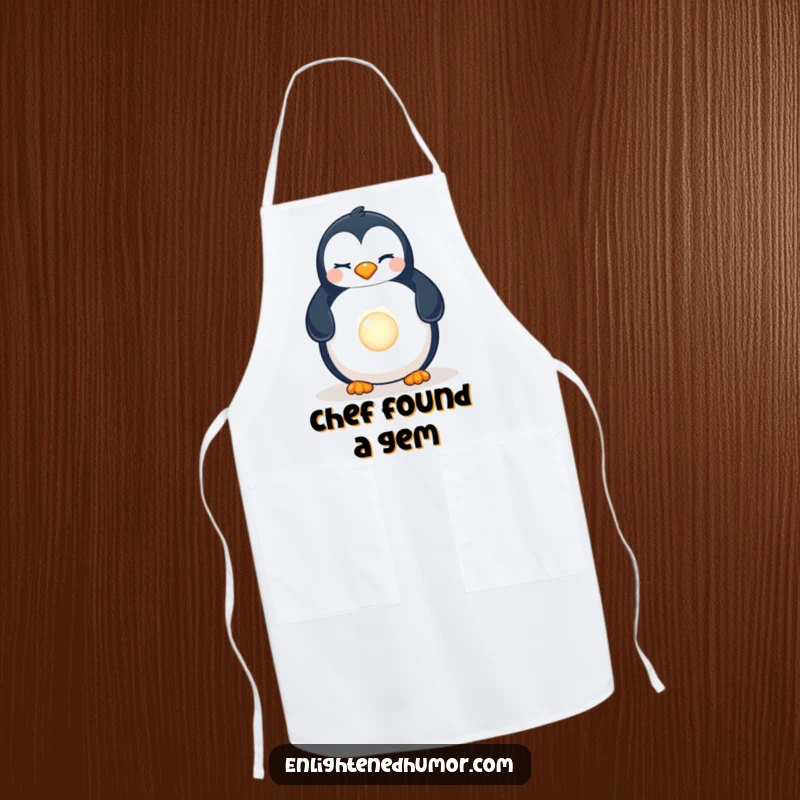 Funny Penguin Pearl Apron: Kitchen apron adorned with a winking penguin discovering a luminous pearl, ready for cooking.