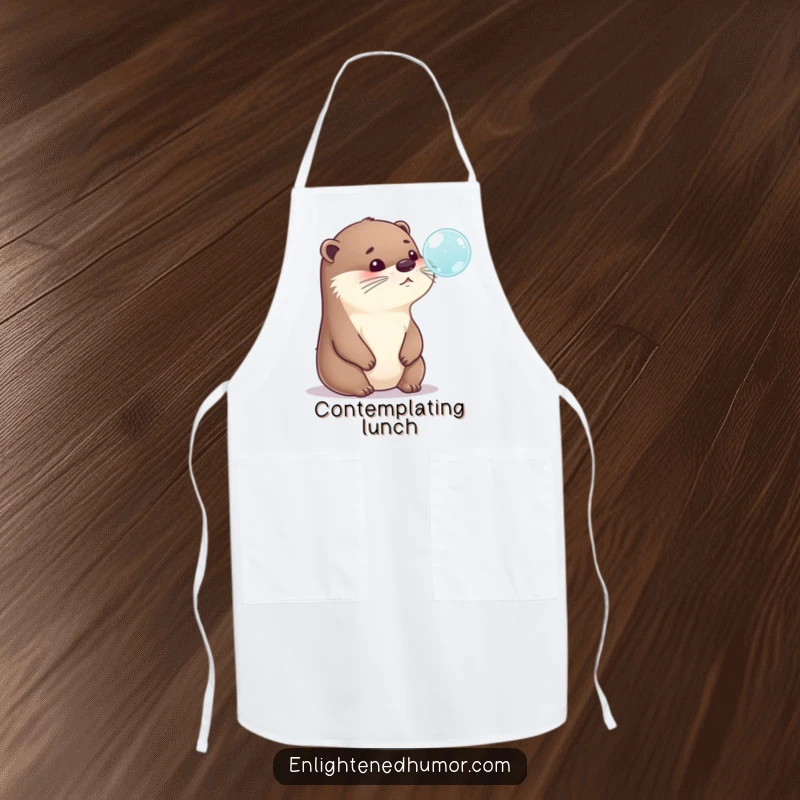 Funny Otter Apron: A chef-inspired apron with a playful otter humorously contemplating a bubble, ideal for kitchen fun and a funny gift.