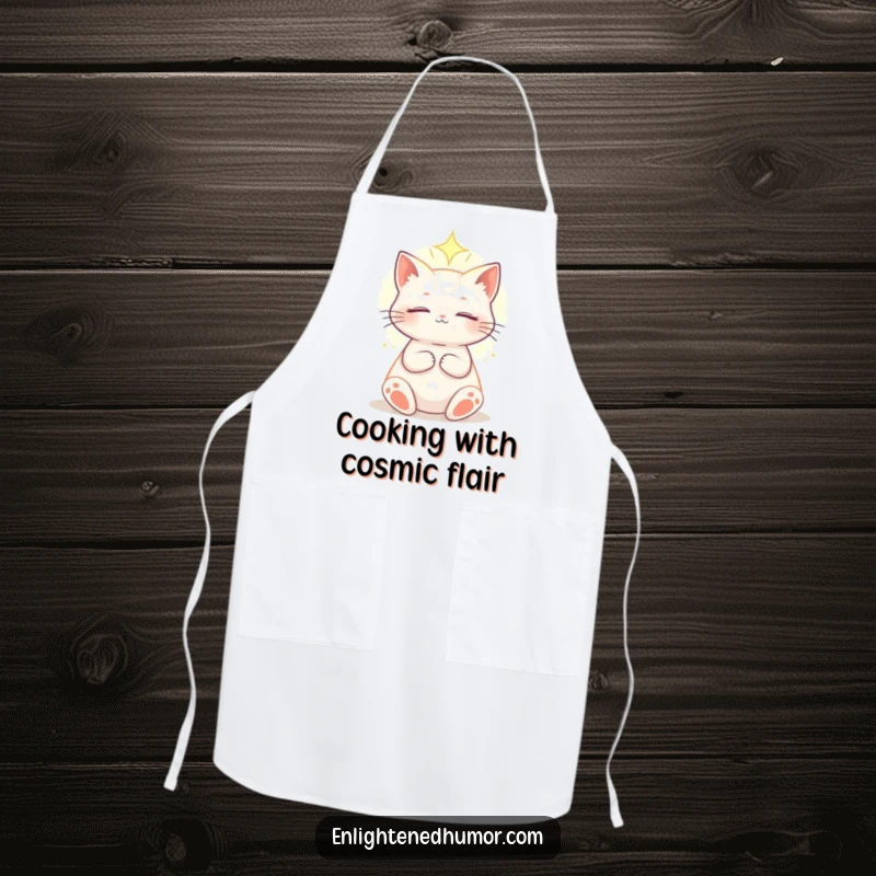Funny celestial cat apron showing an enlightened cat basking in a soft, ethereal light, perfect for serene culinary creations.