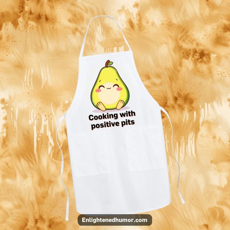 Smiling avocado in a meditative state, radiating a soft glow on a kitchen apron.