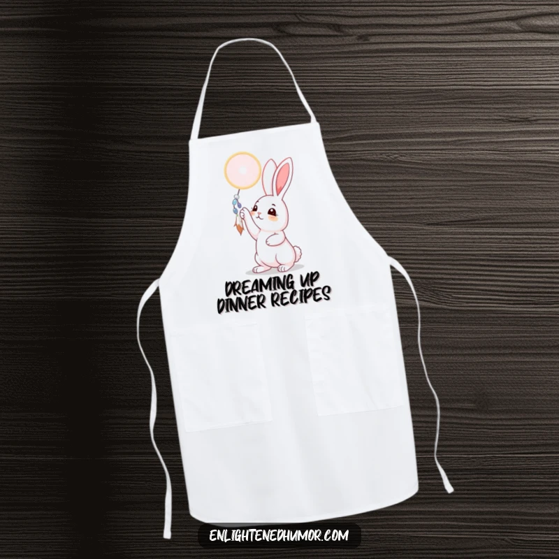 Funny rabbit apron featuring a curious bunny reaching for a shimmering dreamcatcher, perfect for kitchen fun and adding a whimsical touch, a unique gift.