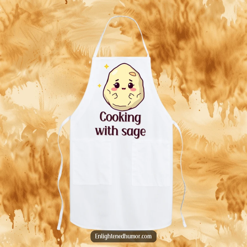 Funny apron showcasing a wise, floating philosopher stone character with a knowing twinkle, perfect for chefs who appreciate wisdom and humor.