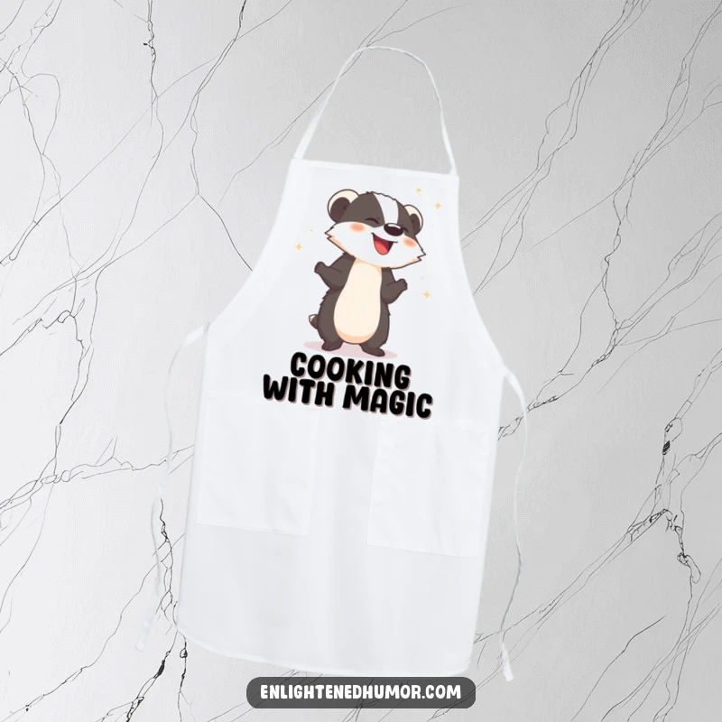 Funny apron featuring a giggling badger releasing sparkling dust, ideal for magical cooking and baking.