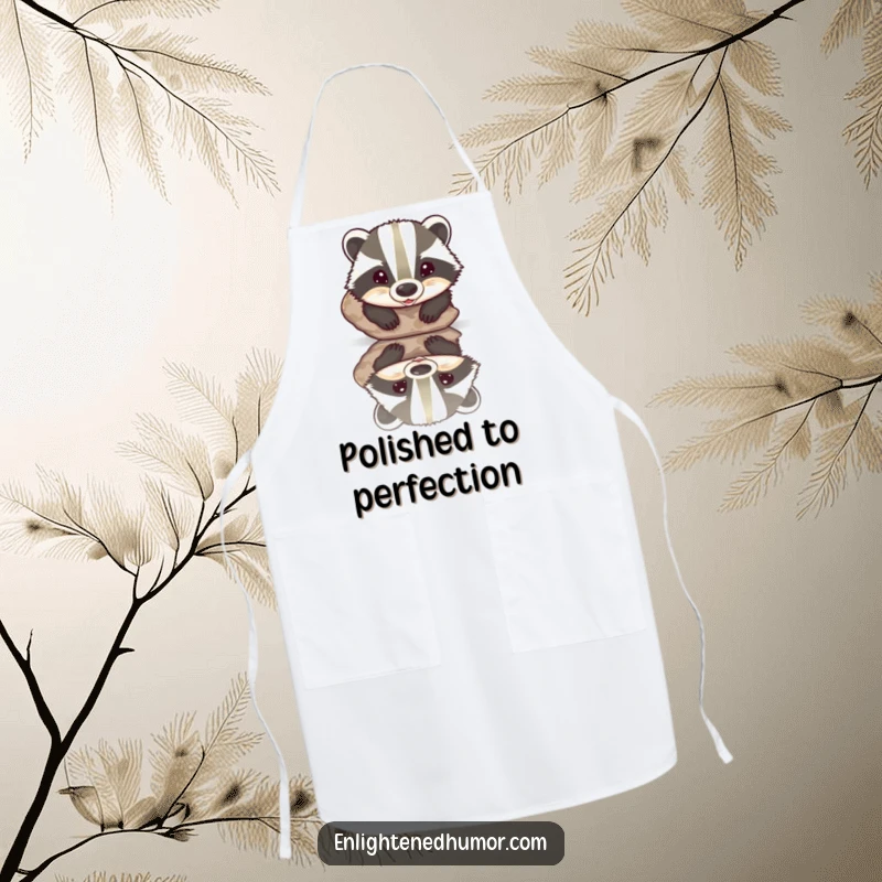 Funny apron with a beaming badger discovering its reflection in a polished stone, ideal for humorous kitchen activities.
