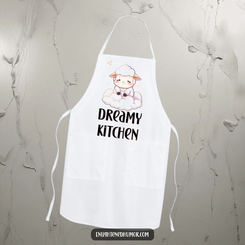 Funny Sheep Apron, a calm character dreams of clouds while you cook, providing protection and a humorous touch to your kitchen attire.