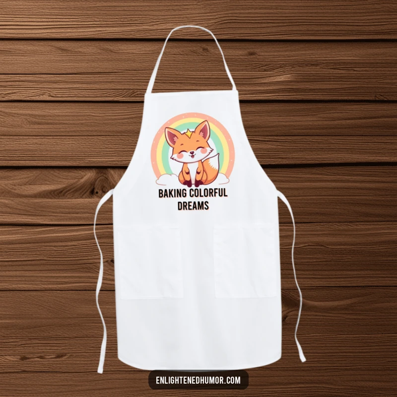 Funny celestial fox apron showing a joyful fox peeking out from behind a shimmering rainbow, perfect for whimsical culinary creations.