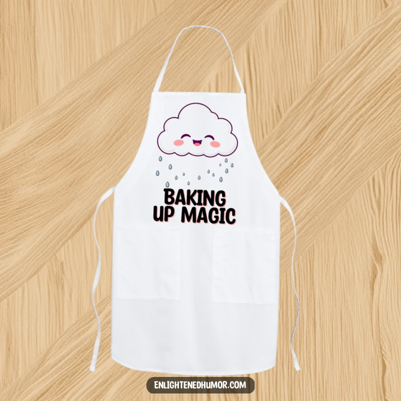 Funny laughing cloud character wearing an apron, raining gentle, sparkly droplets, a cute and practical funny kitchen accessory.