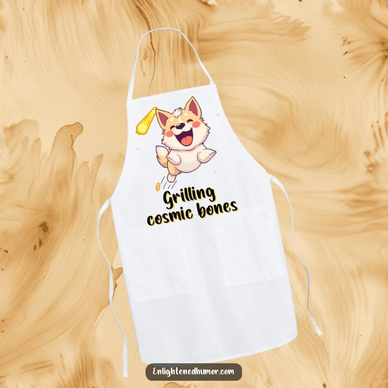 Funny celestial dog apron, depicting the ecstatic chase of a comet with a joyful bark, for kitchen fun.