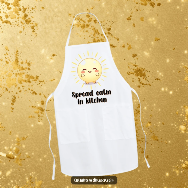 Funny happy glowing orb character wearing an apron, radiating peaceful energy outwards, a cute and practical funny kitchen accessory.