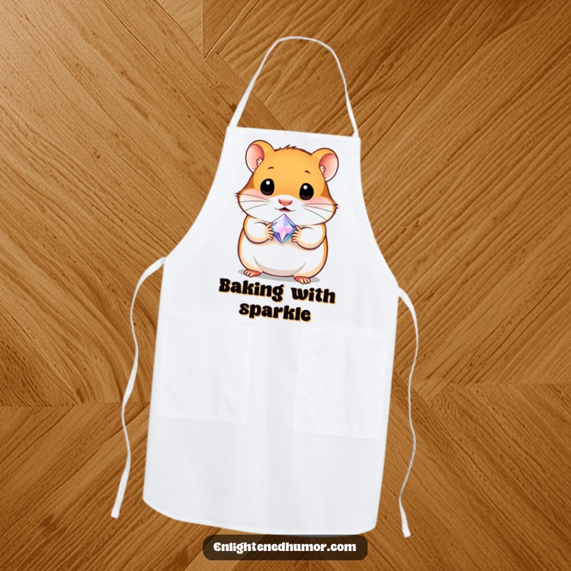 Funny apron featuring a curious hamster holding a tiny, radiant gem, adding sparkle and charm to kitchen activities.