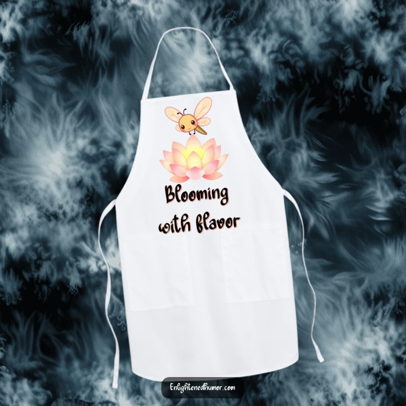 Funny kawaii dragonfly apron with a cute insect over a glowing lotus, adding charm to kitchen activities and baking.