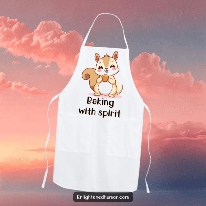 Funny kawaii squirrel spirit apron, a happy squirrel offering a nut to a floating spiritual symbol, ideal for mindful cooking.