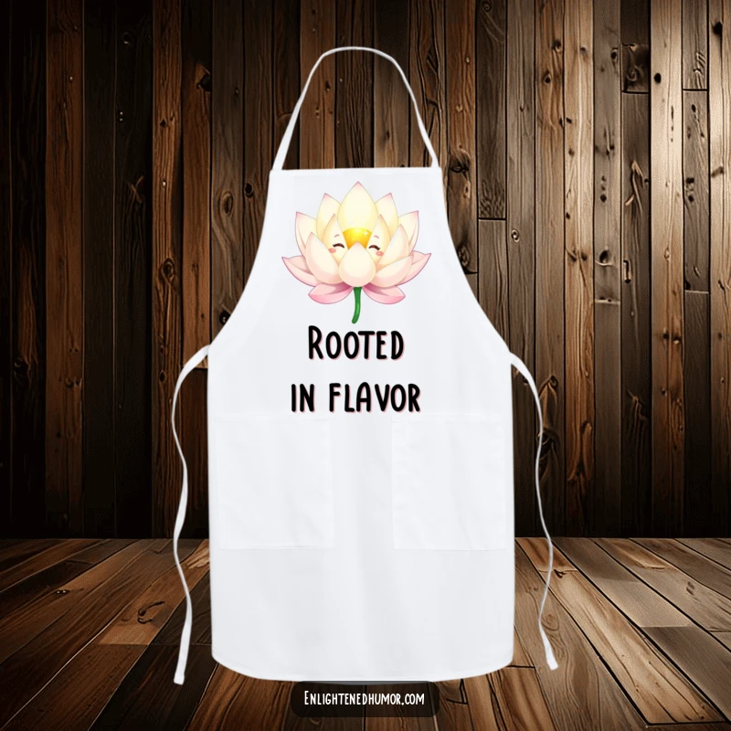 Funny apron showing a sparkling lotus flower character floating gracefully, with beautiful petals, for cooks seeking calm.