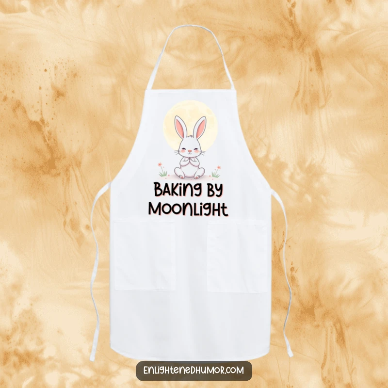 Funny apron with a determined rabbit meditating under a giant, serene moon, bringing humorous peace to cooking.