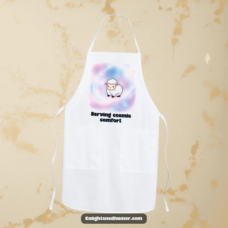 Funny apron featuring a serene sheep floating among nebulae, perfect for humorous culinary adventures in the kitchen.