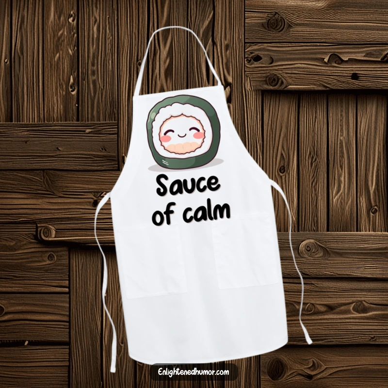 Funny Sushi Zen Apron featuring a perky sushi roll achieving inner peace with a gentle smile, a humorous kitchen essential.