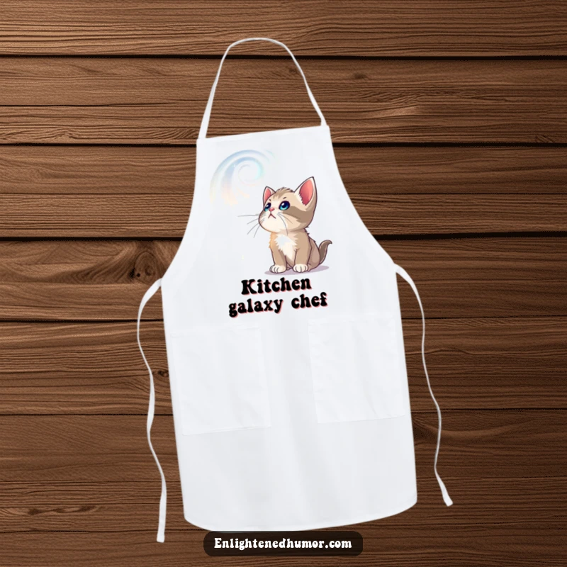 Funny apron showing a curious kitten gazing upwards at swirling, luminous celestial patterns, perfect for kitchen adventures.