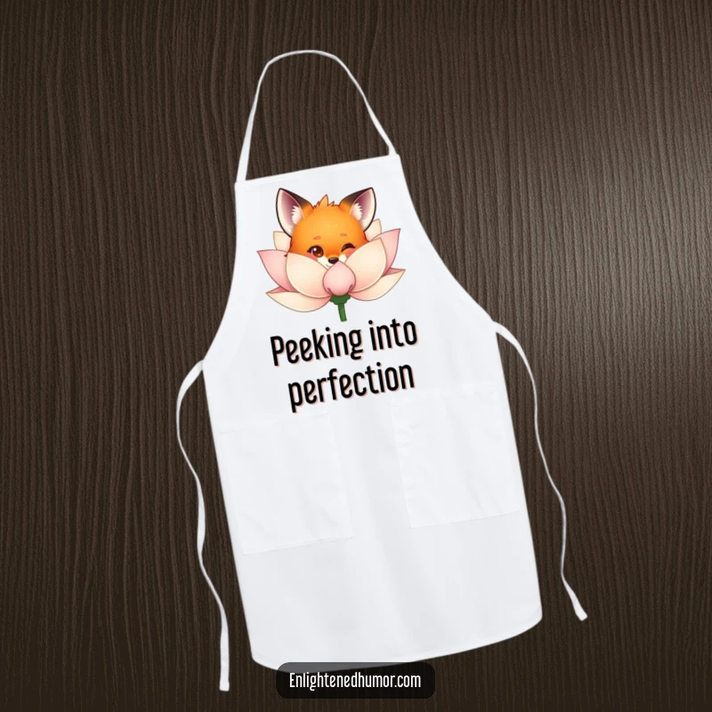 Funny fox apron design featuring a curious fox peeking from behind a shimmering lotus flower, ideal for adding playful charm to kitchen tasks.