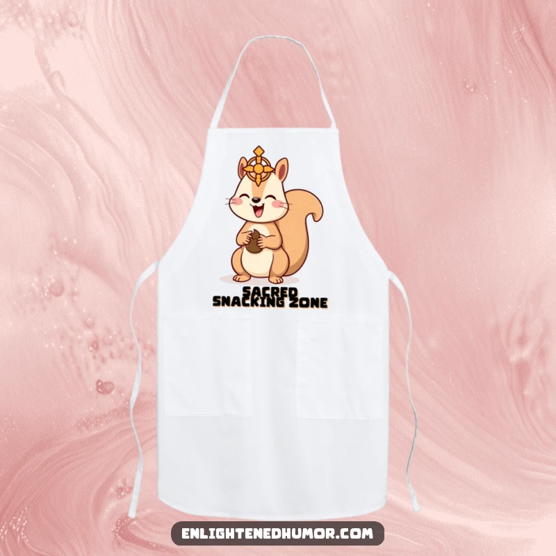 Funny Kawaii Squirrel Apron: Cute squirrel offering a nut to a spiritual symbol, ideal for humorous and lucky kitchen wear. A fantastic funny gift.