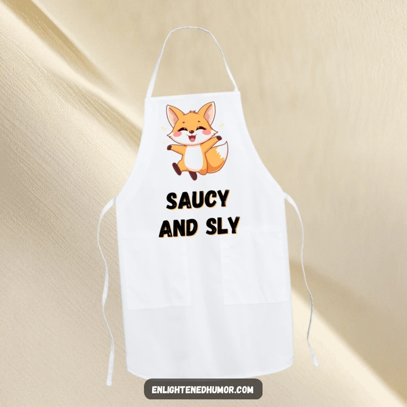 Funny Fox Apron: A playful fox leaping through shimmering light with a wide smile. Great for kitchen fun.