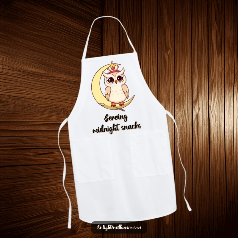 Funny celestial owl apron, showing a wise owl on a moon with twinkling eyes, for kitchen wisdom.