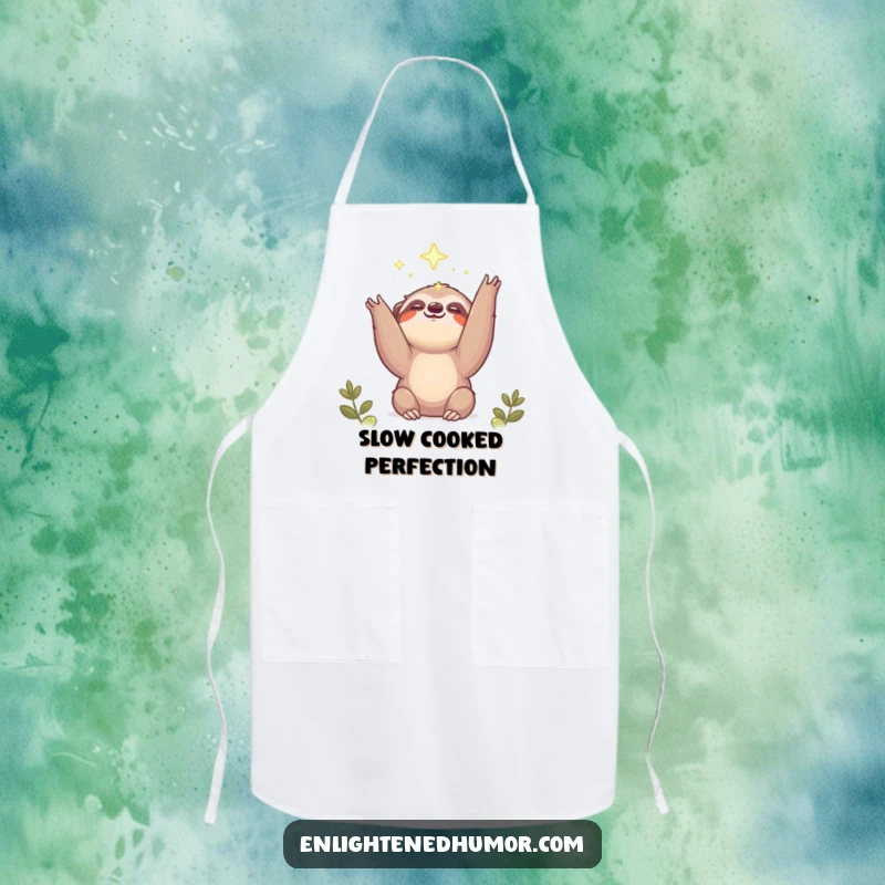 Funny kawaii sloth apron with a smiling animal reaching for a bright light, suitable for cooking and baking fun.