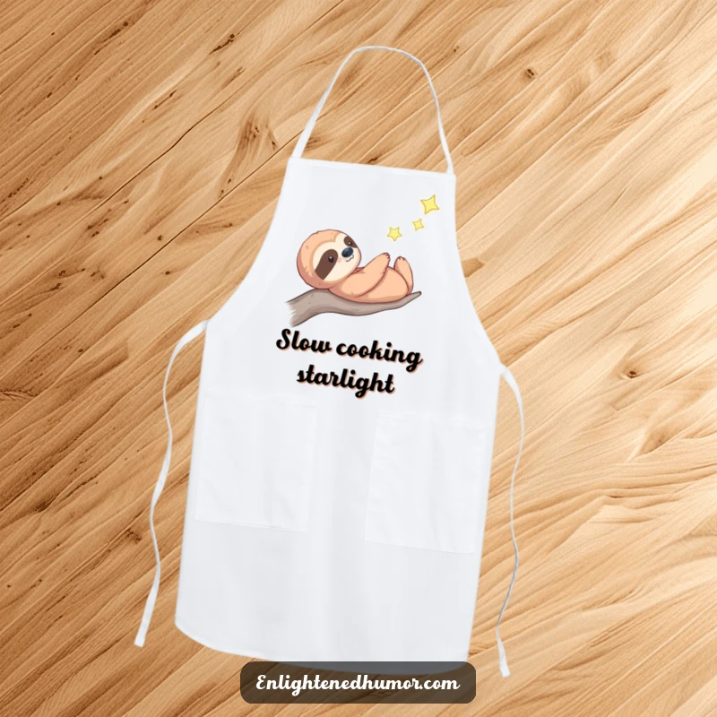 Funny celestial sloth apron showing a thoughtful sloth gazing at a distant twinkling star, perfect for serene kitchen creations.