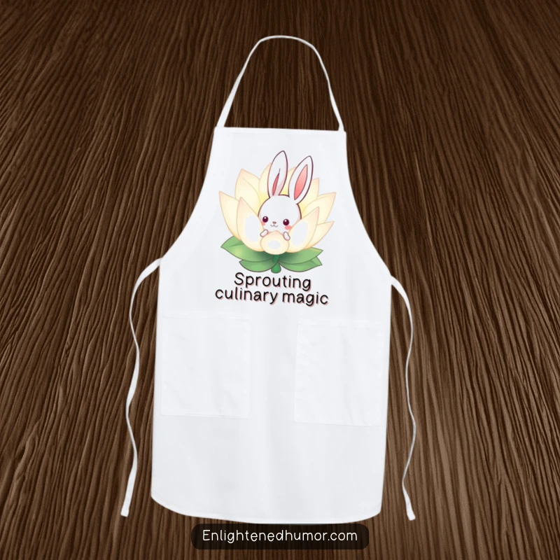 Funny apron with a curious bunny peeking from behind a glowing lotus flower, perfect for calm cooking and whimsical kitchen adventures.