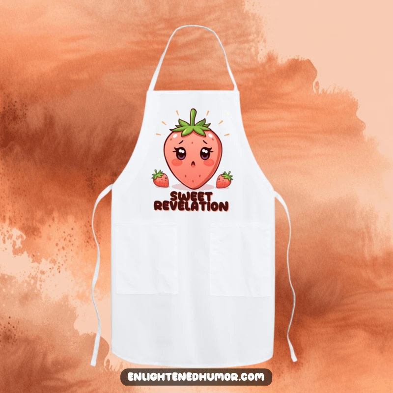 Funny Strawberry Enlightenment Apron showing a surprised strawberry, eyes wide, having a sudden, humorous moment of realization.