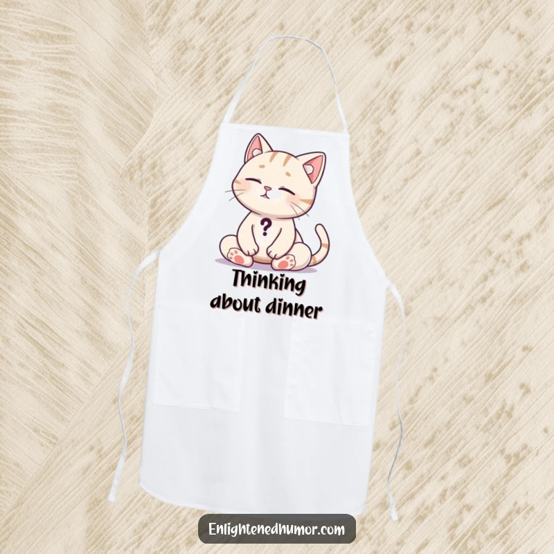 Funny Cat Kitchen Apron: Apron with a meditating cat, tail a question mark, perfect for curious cooks. Great funny gift.