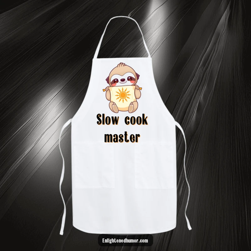 Funny Apron: Smiling sloth character unfurling a scroll with a radiant sun symbol, wearing a chef hat, culinary wisdom.