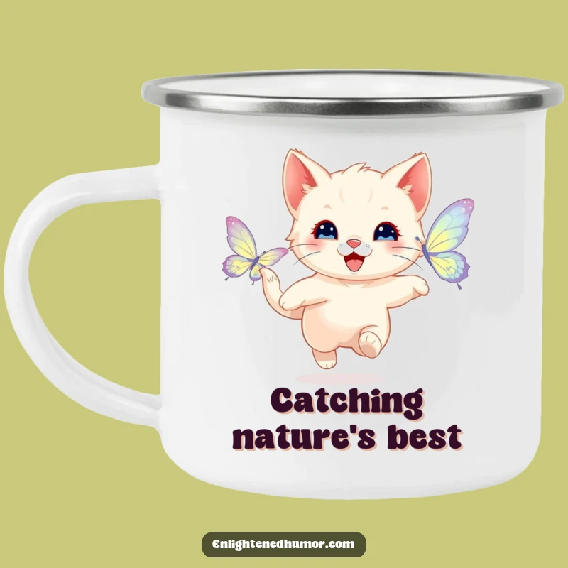 Funny Happy Kitten Butterfly Camping Mug - Playful Enamel Cup for Outdoor Fun
