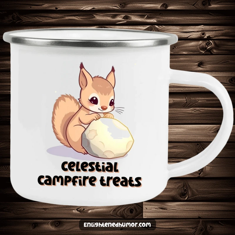 Funny celestial squirrel camping mug featuring a curious squirrel contemplating a glowing stone, perfect for enjoying drinks under the stars.