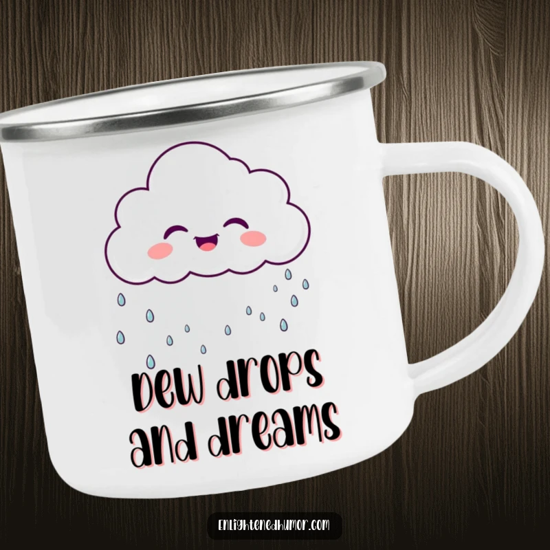 Funny laughing cloud character on a camping mug, raining gentle, sparkly droplets, durable and humorous outdoor drinkware.