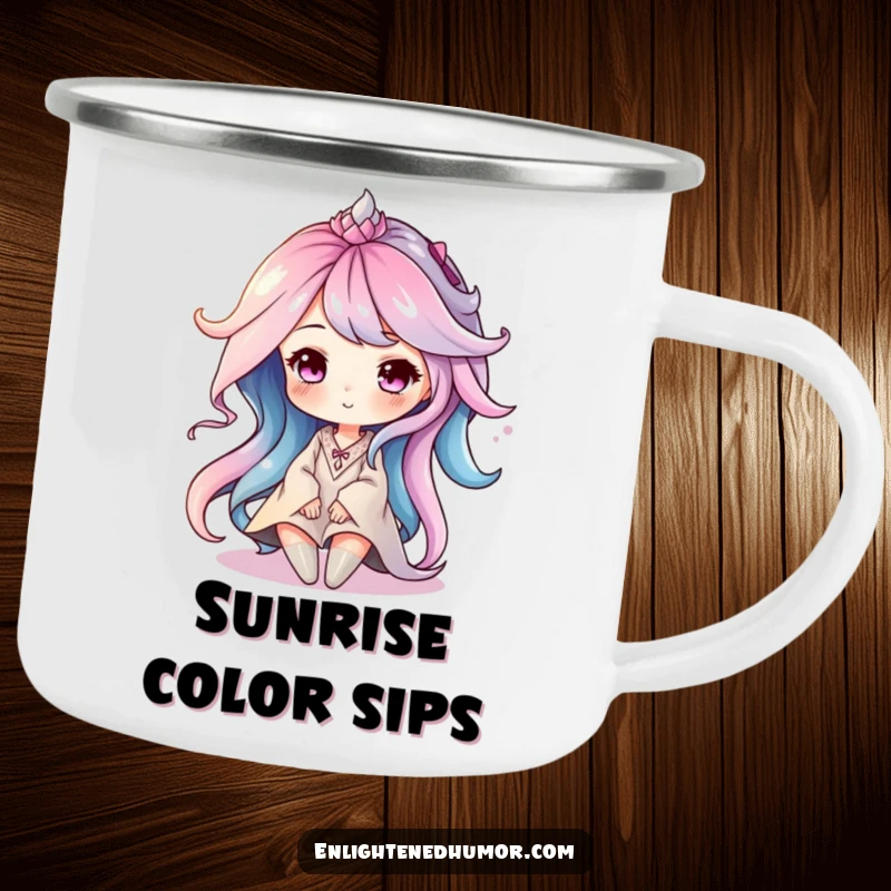Funny camping mug showing a serene aura character with soft, swirling colors, perfect for enjoying drinks outdoors.