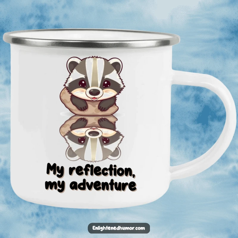 Funny camping mug with a beaming badger admiring its reflection in a polished stone, designed for outdoor humor.