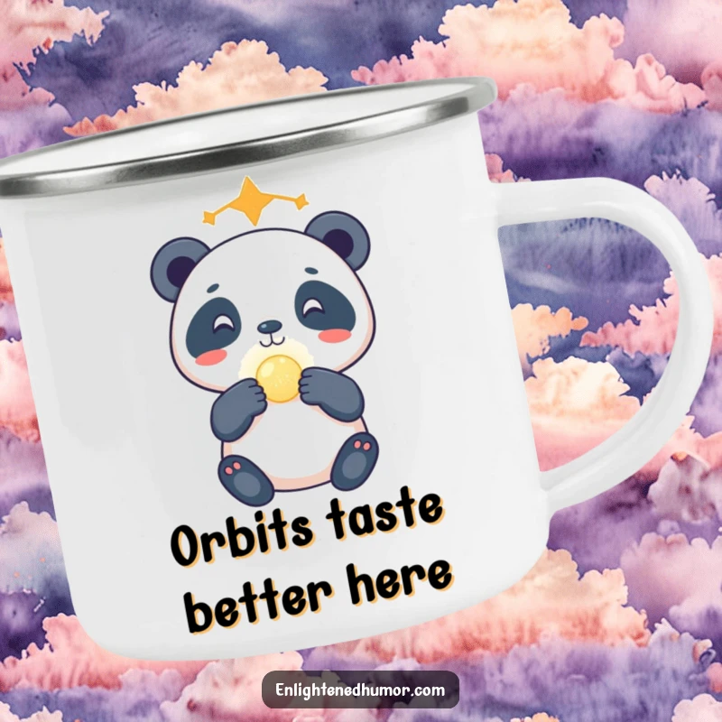 Funny celestial panda camping mug showing a gleeful panda balancing a glowing orb on its nose, perfect for outdoor cosmic fun.