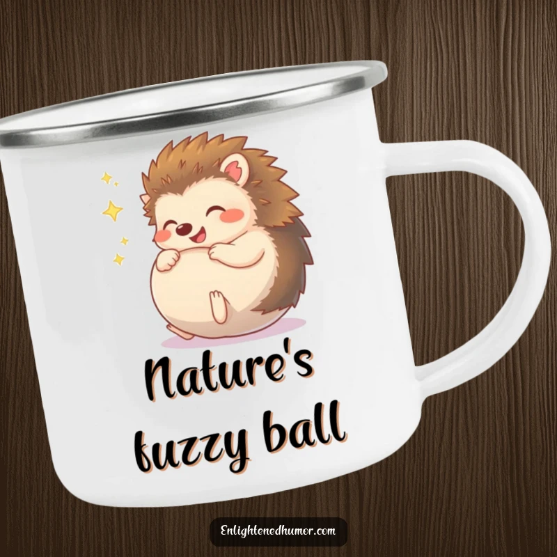 Funny Hedgehog Camping Mug, a happy character giggling inside a sparkly ball, ready for campfire stories and hot beverages.
