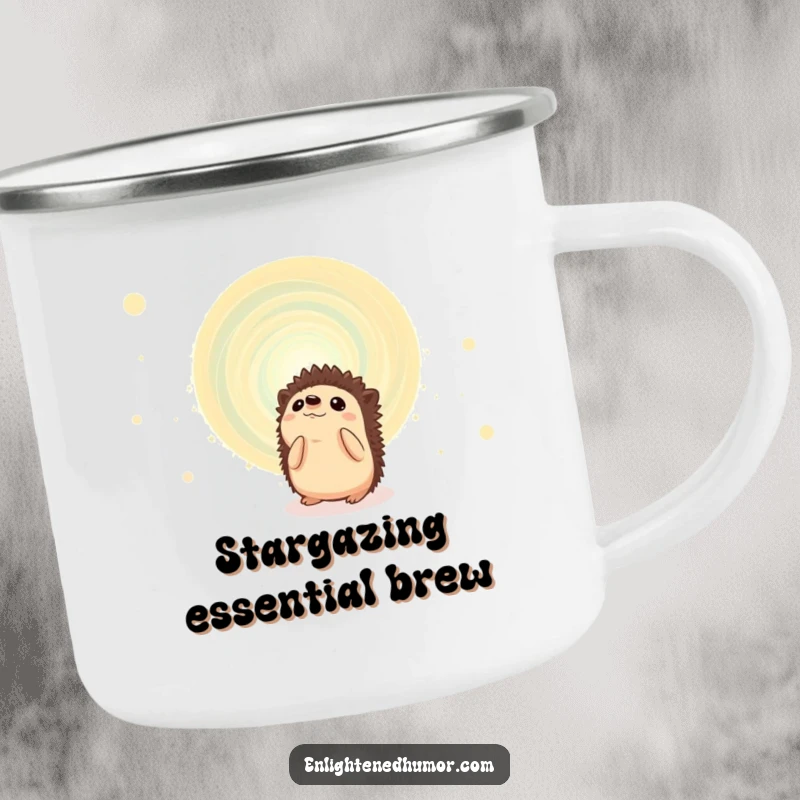 Funny hedgehog camping mug, durable enamel, showing a curious animal mesmerized by a swirling cosmic energy vortex under the stars.