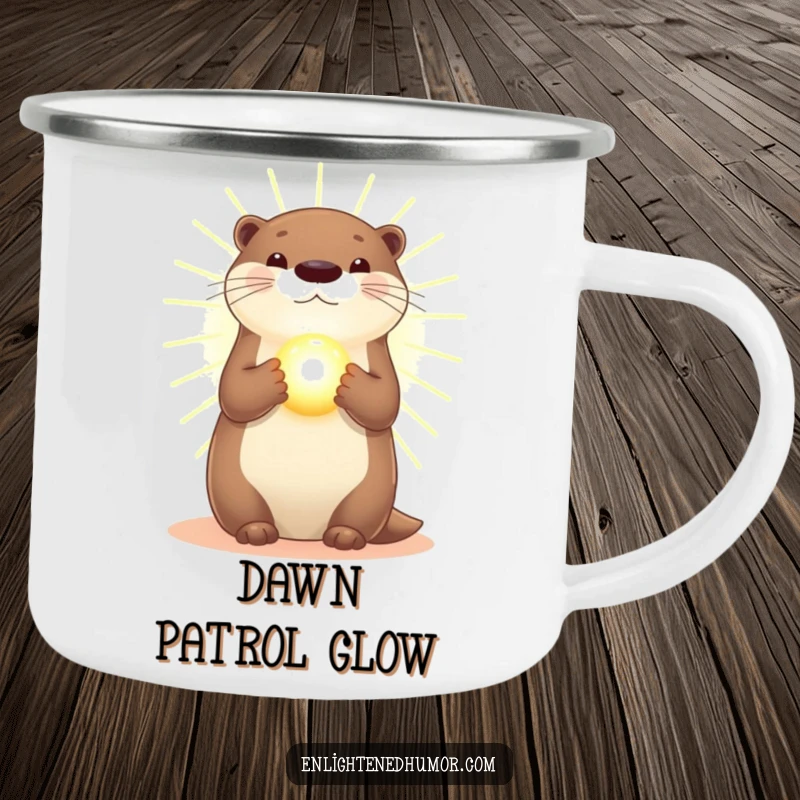 Funny Otter Camping Mug: Radiant otter in golden light, holding a glowing orb, perfect for enjoying drinks outdoors.