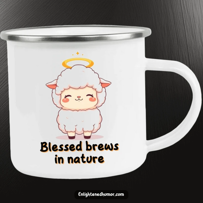 Funny fluffy kawaii sheep camping mug with a halo, its head bobbing in contemplative bliss, perfect for outdoor use and gifting.