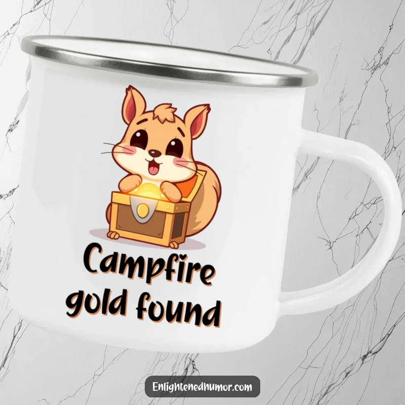 Funny squirrel camping mug with a surprised squirrel discovering a glowing treasure chest, perfect for enjoying nature with excitement and humor.