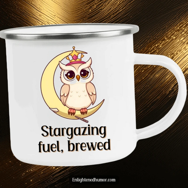 Funny celestial owl camping mug, showing a wise owl on a moon with twinkling eyes under the night sky.