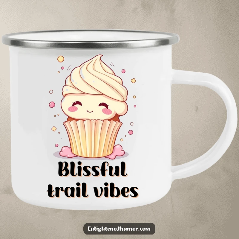 Funny cupcake camping mug, dissolving into pure bliss, body shimmering, sweet outdoor mug, humorous adventure.
