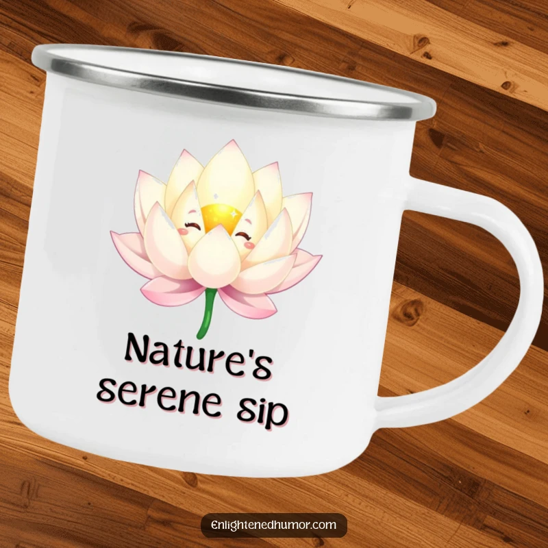 Funny camping mug showing a sparkling lotus flower character floating with graceful petals, perfect for enjoying drinks outdoors.
