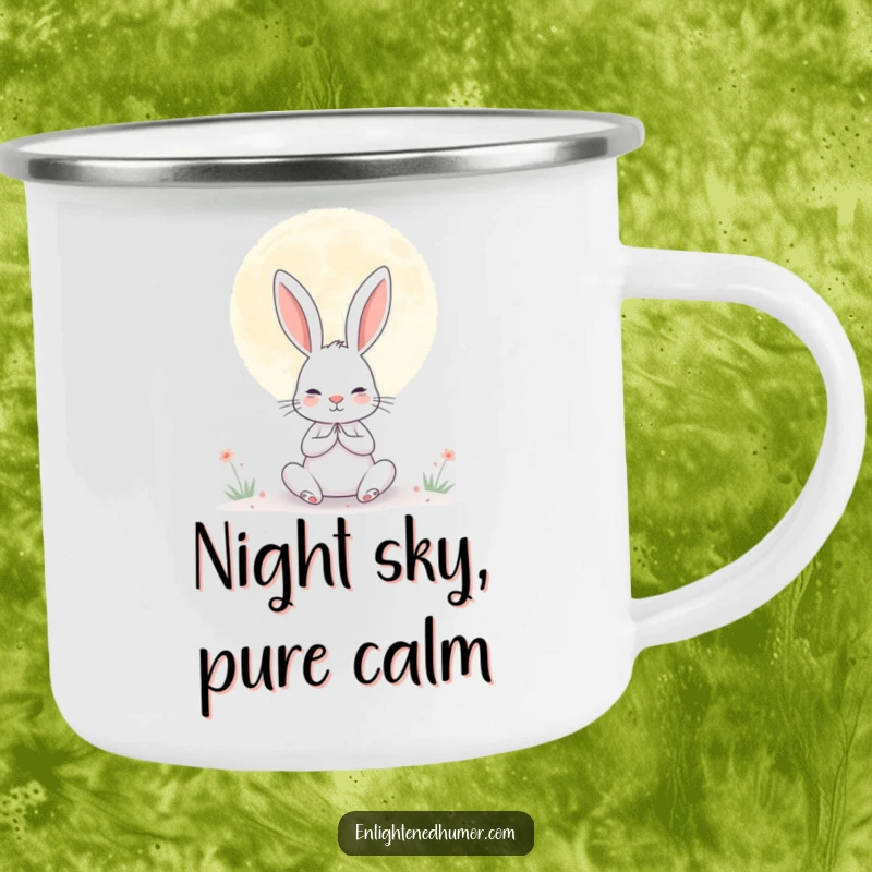 Funny enamel camping mug with a determined rabbit meditating under a giant, serene moon, perfect for humorous outdoor serenity.