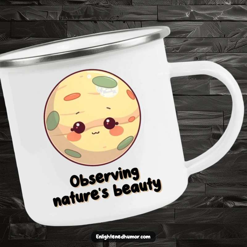 Funny camping mug with a curious planet character, gentle and observant, ideal for outdoor adventures and enjoying beverages.